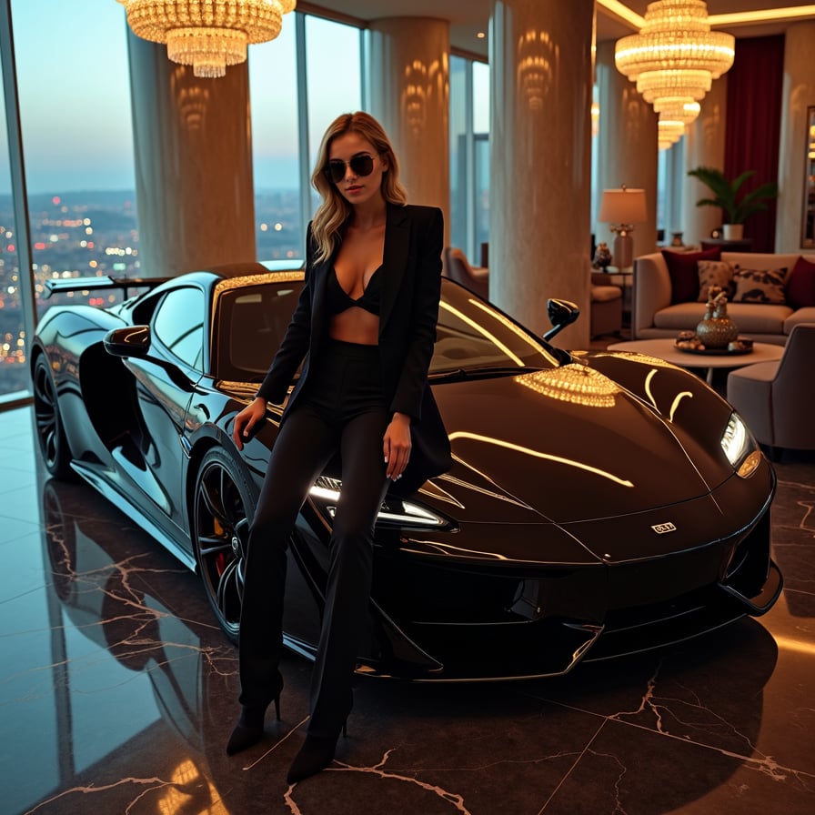 woman posing confidently in front of a sleek, black luxury sports car, dressed in a tailored black tuxedo and sunglasses, under the soft glow of city lights at dusk