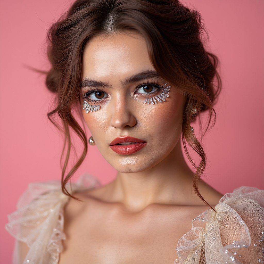 Front-facing close-up of a woman with glittery eye makeup, diamond rhinestones around eyes, glossy red lips. Hair styled in loose, messy curls. Background: solid pastel pink. Expression: playful, lips slightly parted. Spotlight reflections catch rhinestones and gloss, hyperreal skin beneath.