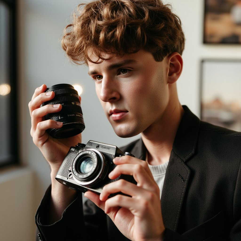 Professional-looking portrait of a male photographer adjusting camera settings, side profile, shallow depth of field, modern creator look