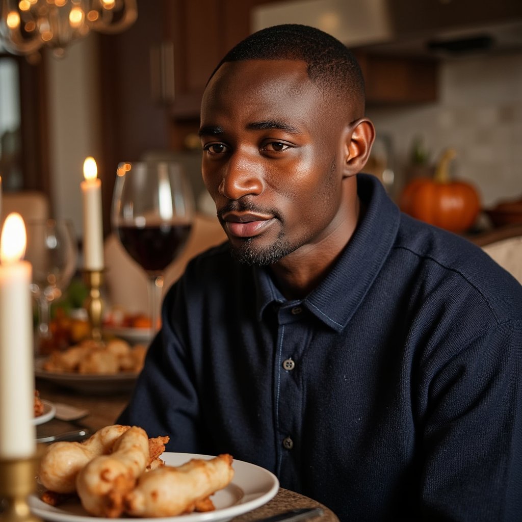 Highly detailed, highly realistic, hyperrealistic HDR waist-up portrait of a man (male, ~32 yrs) seated close to a Thanksgiving table. He wears a dark navy collared shirt with sleeves rolled to mid-forearm. The lighting comes from an overhead chandelier and side candlelight, producing warm highlights along his cheekbones and hairline. His expression open and gentle, as if mid-conversation. Background blurred — visible warm tones of wood, glass reflections, and hints of food platters without clutter. Detailed fabric weave, skin texture, and candle reflections give tactile realism. HDR, high resolution, high quality, highly detailed, photorealistic.