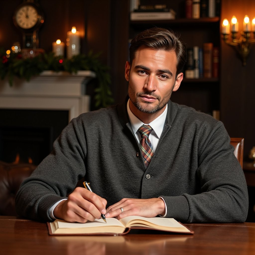 Man at a vintage mahogany desk writing in a leather-bound notebook, soft lamplight on his face. Hairstyle: side-part, slightly undone; faint stubble. Attire: thick wool cardigan over white oxford shirt, plaid tie loosened. Fabric details: wool knit definition, cotton creases, polished leather edge of notebook. Camera: side angle, 70mm, f/2.2. Lighting: single warm brass lamp key, shadows cast across hands and pages. Background: blurred bookshelves, clock, faint holiday garland—balanced composition. Pose: leaned forward, focused expression.
Render: highly detailed, highly realistic, HDR; light reflecting on ink pen, paper grain visible, lifelike ambiance.