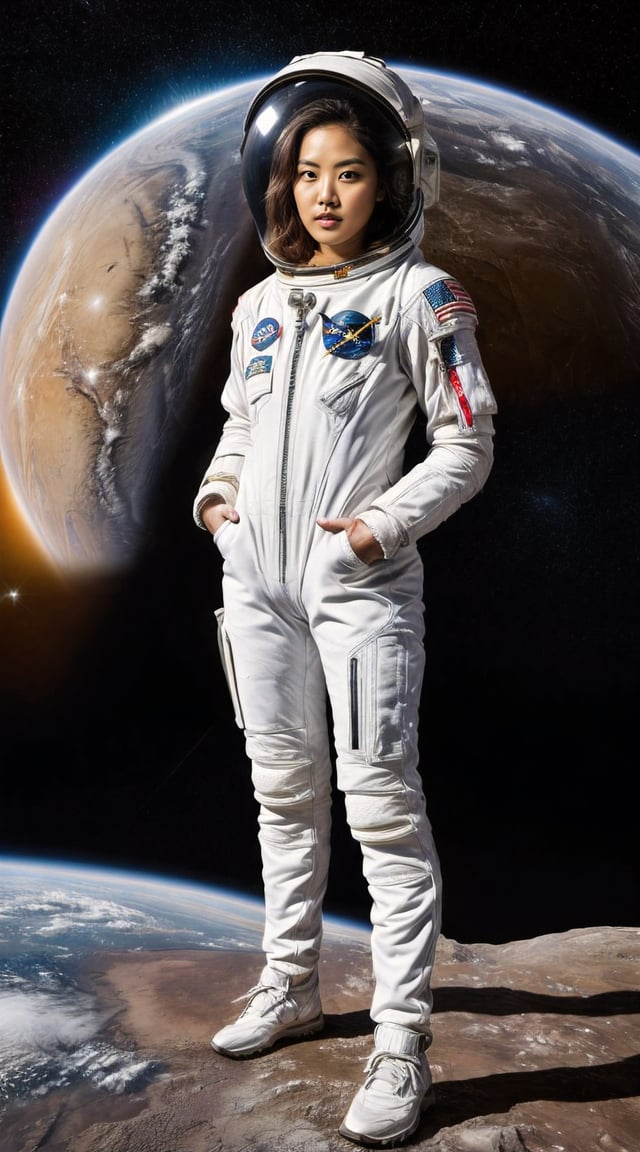 Heroic astronaut, white suit, Earth’s orbit backdrop, reflective visor.