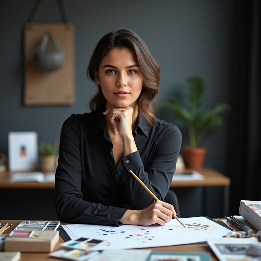 A woman seated at a desk covered with art supplies, sketches, and color swatches. She holds a paintbrush in one hand, her chin resting on the other, smiling softly at the camera with an expression of thoughtful creativity