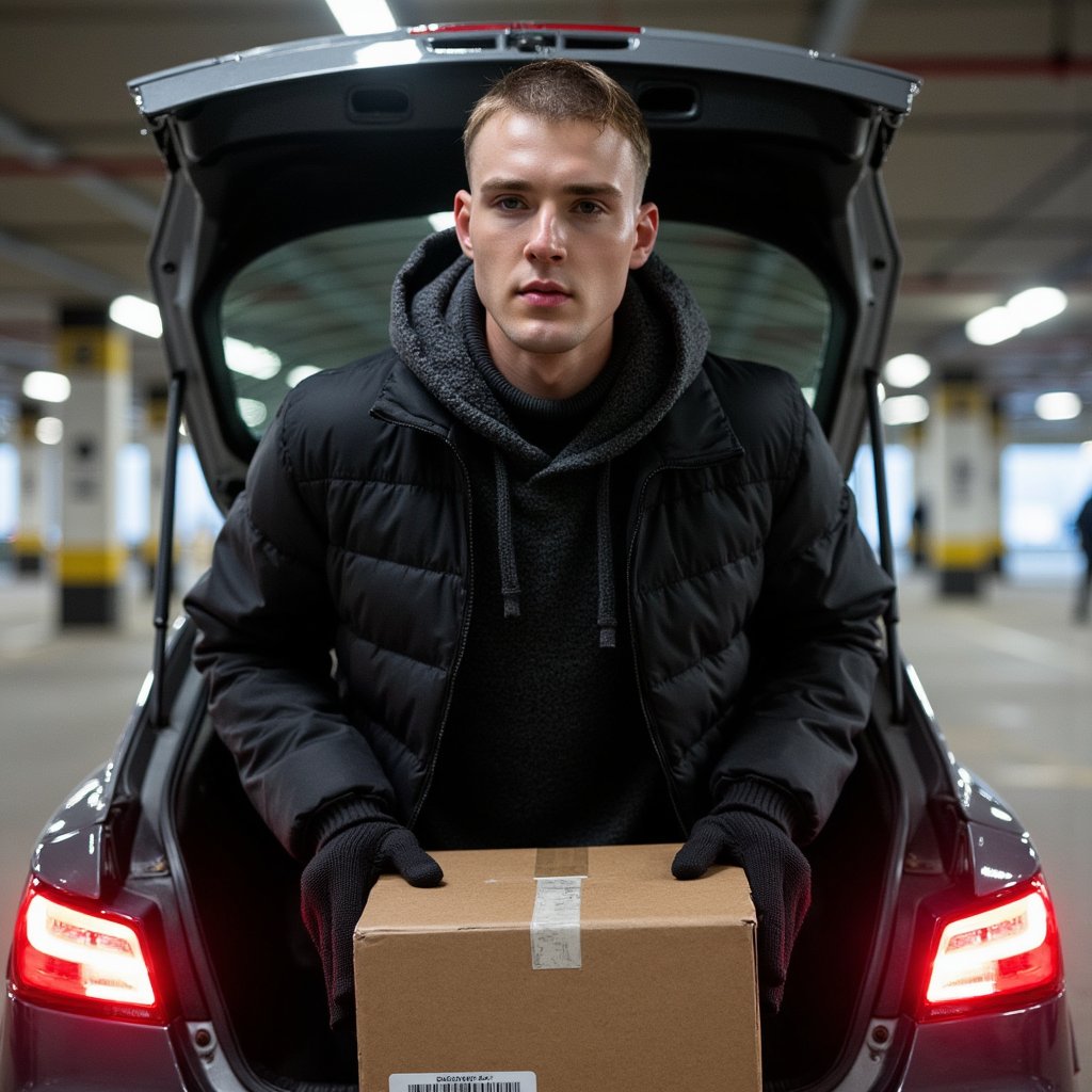 A man (male) waist-up at an open trunk in a dim parking garage, hands resting on a matte black shipping box with a discrete barcode label. Hairstyle: close buzz cut; grooming: clean stubble. Attire: charcoal ripstop tech hoodie under a black quilted puffer with micro-ripples; fingerless knit gloves. Pose: square to camera, steady gaze, slight forward lean; still. Camera: 35mm, f/2, slight low angle for presence. Lighting: moody cyan key gel from camera left, magenta rim from tail lights right, subtle ambient sodium overhead; crisp catchlight on eyes. Background: soft bokeh brake lights and concrete pillars, painted directional arrows; minimal clutter. Texture detail: ripstop grid, zipper teeth, quilt baffles, corrugated box edges. Highly detailed, highly realistic, HDR, high resolution.