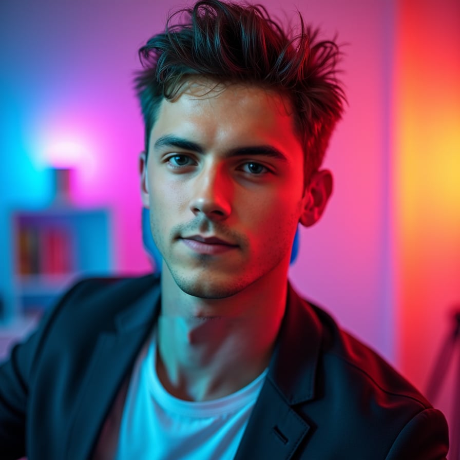 man with a confident and slightly playful expression, posed against a vibrant, multi-colored backdrop. He is wearing casual or sporty attire, and the image includes room for text overlays. The thumbnail should stand out on YouTube, Instagram, and other platforms