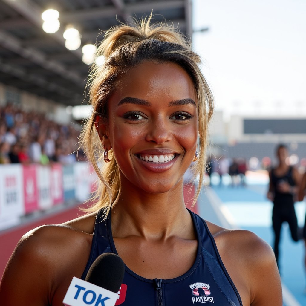 Headshot of a smiling athlete being interviewed trackside, race bib still pinned, hair messy from race, handheld mic visible — post-event celebration moment