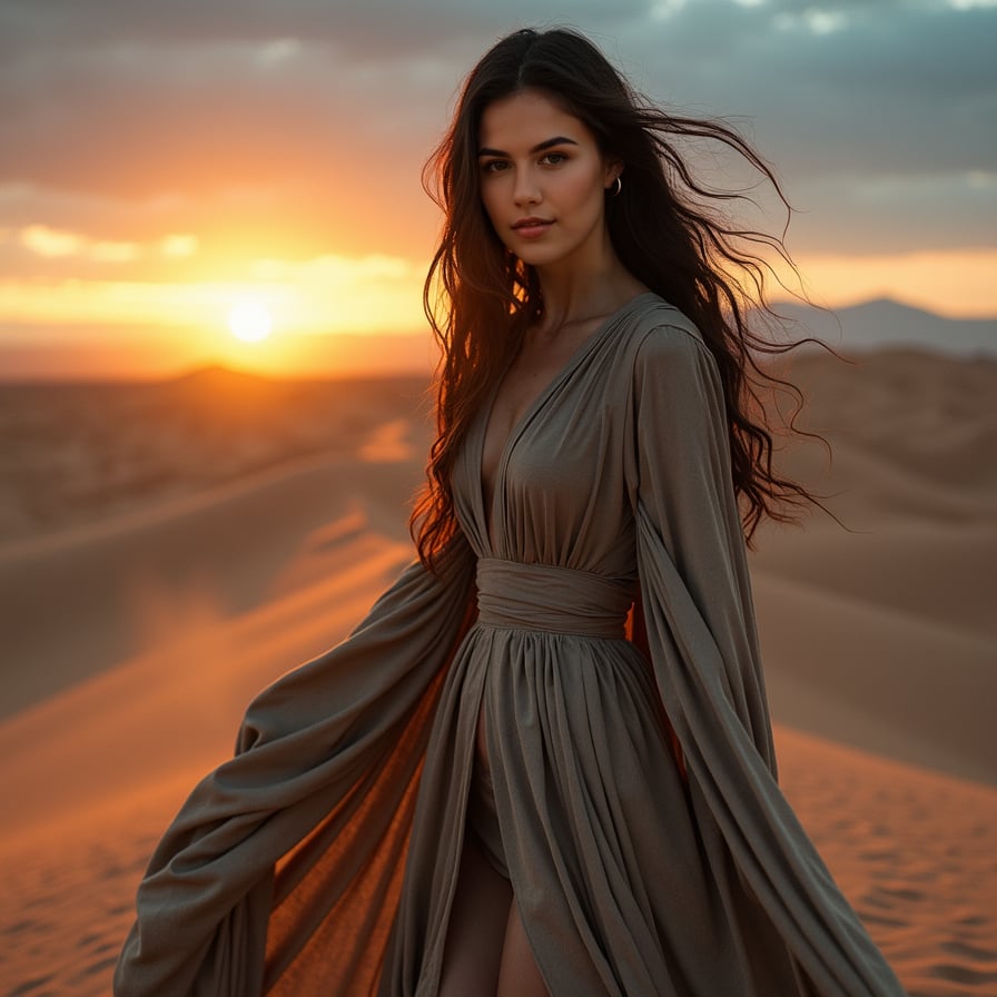 A woman stands in the vast emptiness of a desert, the horizon lit by the first light of dawn. She wears a worn, rugged cloak that billows in the wind, her face partially shadowed but her eyes sharp and determined. Behind her, endless dunes stretch out into the distance, the sky transitioning from deep blue to the warm colors of sunrise. Dust swirls around her, and the overall feel is desolate but hopeful, as if she's on a journey to an unknown destination.