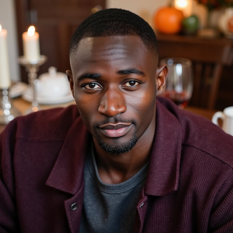 Hyperrealistic, highly detailed, HDR waist-up portrait of a man (male, ~40 yrs) indoors in a warmly lit dining space. Camera eye-level, straight-on. He wears a deep charcoal henley layered under a dark maroon wool cardigan with button detail. Short dark hair with a few silver strands, neatly styled. Background softly blurred: dark wood panels and subtle candle bokeh, faint reflections on glassware. Lighting warm and directional — candlelight from lower left adds gentle upward highlights on his face and collarbones. Visible details: fine beard texture, micro-shadows across the face, sweater’s dense weave, reflections in eyes. Mood cinematic, intimate Thanksgiving warmth. HDR, high resolution, high quality, highly detailed, photorealistic.