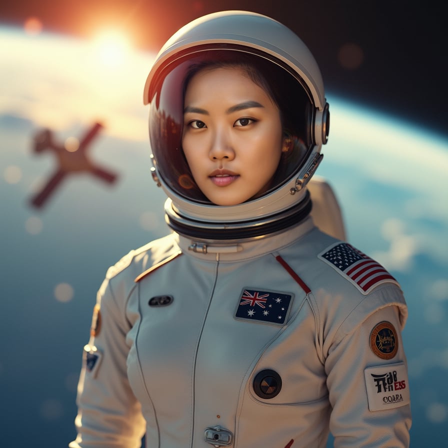 Heroic astronaut, white suit, Earth’s orbit backdrop, reflective visor.