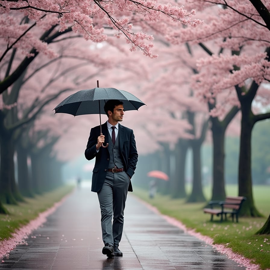 A man with an umbrella walks along a quiet park path lined with cherry blossoms in the gentle rain. The wet ground reflects the pink petals, creating a dreamy, romantic scene.