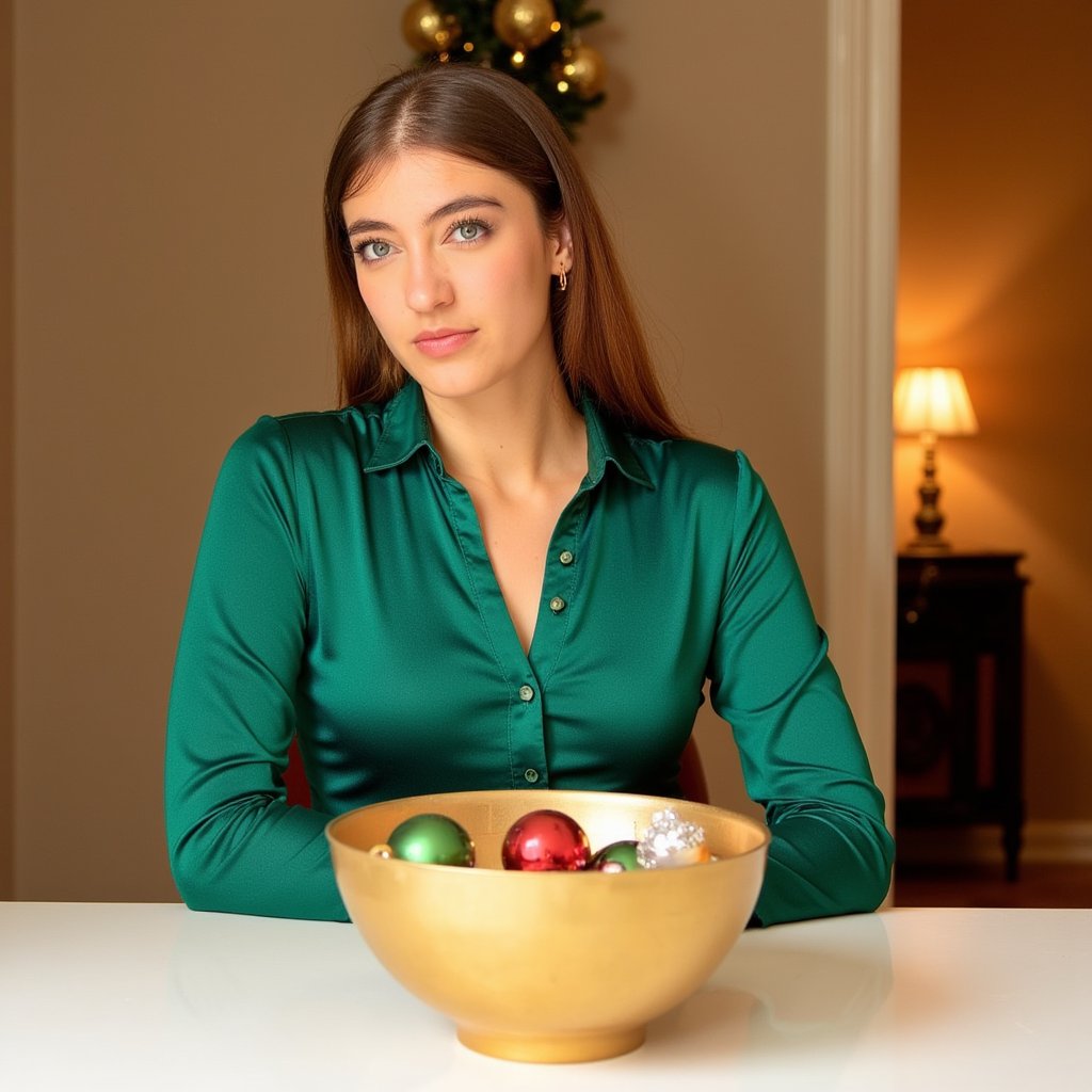 Head-and-shoulders portrait of a woman sitting beside a gold ornament bowl (blurred foreground), body angled slightly right, eyes softly toward camera. She wears a deep emerald satin blouse with shimmering highlights and thin gold hoop earrings. Hair: smooth, sleek low ponytail with center part. Makeup: warm metallic eyeshadow, soft wing liner, glossy nude lips. Lighting: warm holiday candlelight as fill plus a soft key softbox from the left; satin fabric catches specular highlights beautifully. Background: matte taupe wall with a subtle gold garland blurred; minimal clutter. Camera: 50mm f/1.4 with foreground bokeh; highly detailed, highly realistic, HDR, revealing satin folds and skin texture with precision.