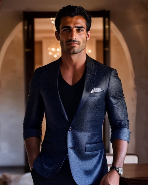 Luxurious man in tuxedo, opulent decor, velvet sofa.