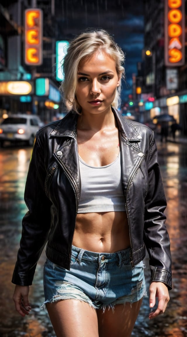 Cyber-enhanced woman, cyberpunk cityscape, neon lights, intense, cinematic.