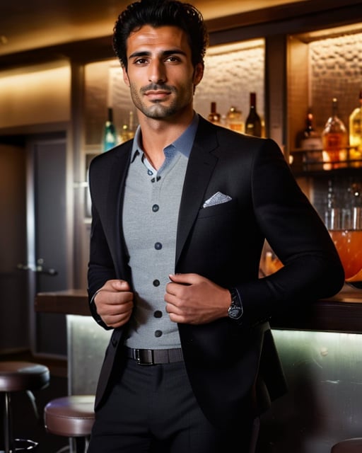 Handsome man in dark bar, seductive smile, party atmosphere.