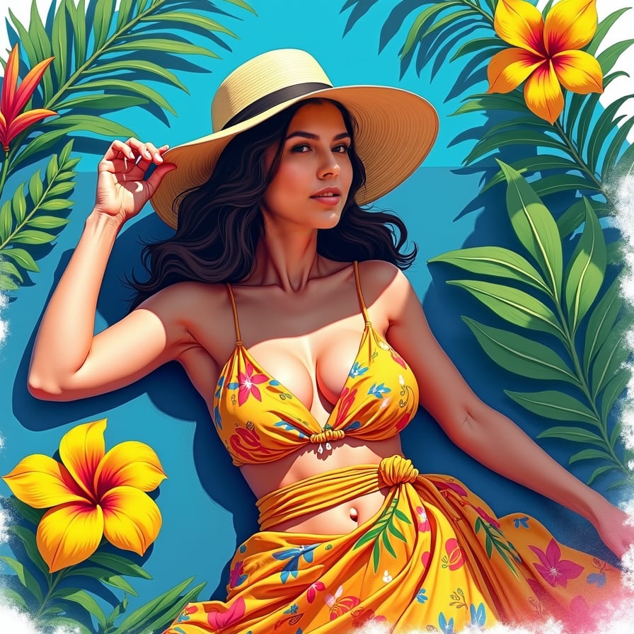 A full coloured vibrant sketch of a woman lounging in a tropical paradise, surrounded by large, brightly colored palm leaves and exotic flowers. She wears a flowing, tropical-patterned sarong, her sun hat casting a soft shadow over her relaxed face. The sketch features vivid blues, greens, and yellows, with the bright sunlight creating high-contrast shading. The sketch style is loose and playful, with thick outlines and splashes of watercolor-like color filling the scene. The overall mood is serene yet lively, capturing the essence of a tropical getaway