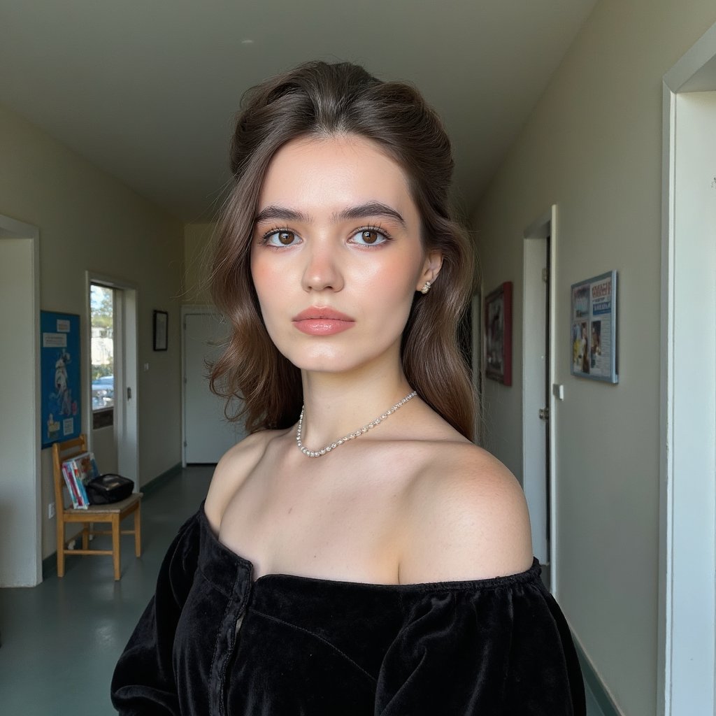 Hyperreal 1960s yearbook studio portrait of a high school senior girl, shot from the chest up with a 105mm lens. Her posture is upright, shoulders slightly angled away, chin tilted subtly downward. Hair styled in a voluminous bouffant with smooth curls tucked at the ends, a few soft flyaways near the temples. She wears a black velvet off-shoulder drape, with visible fine texture and faint light absorption in the fabric folds. A single pearl necklace rests at the collarbone, catching a faint reflection of the key light. Her skin is smooth but lifelike, with a faint natural sheen on the cheekbones and a soft pink blush. Freckles faintly visible under light studio makeup. Soft HDR lighting from the left with a fill bounce on the right, creating delicate shadow gradients under the jaw and nose. Background is seamless dark grey with a barely perceptible vignette, clean and softly blurred. Her eyes gaze directly into the lens, faint light catch creating depth.