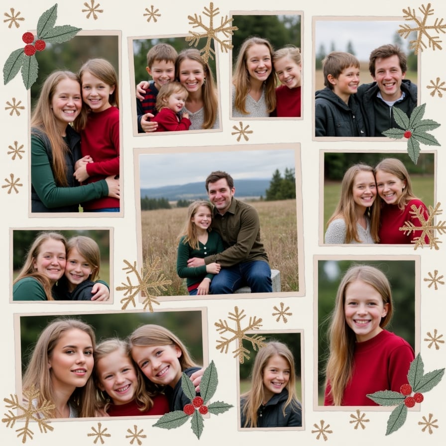 AA collage layout featuring snapshots of laughter-filled family gatherings, scenic travels, and smiling faces. Soft borders, gentle holiday motifs (like light snowflakes), and a cohesive color tone tie the images together.