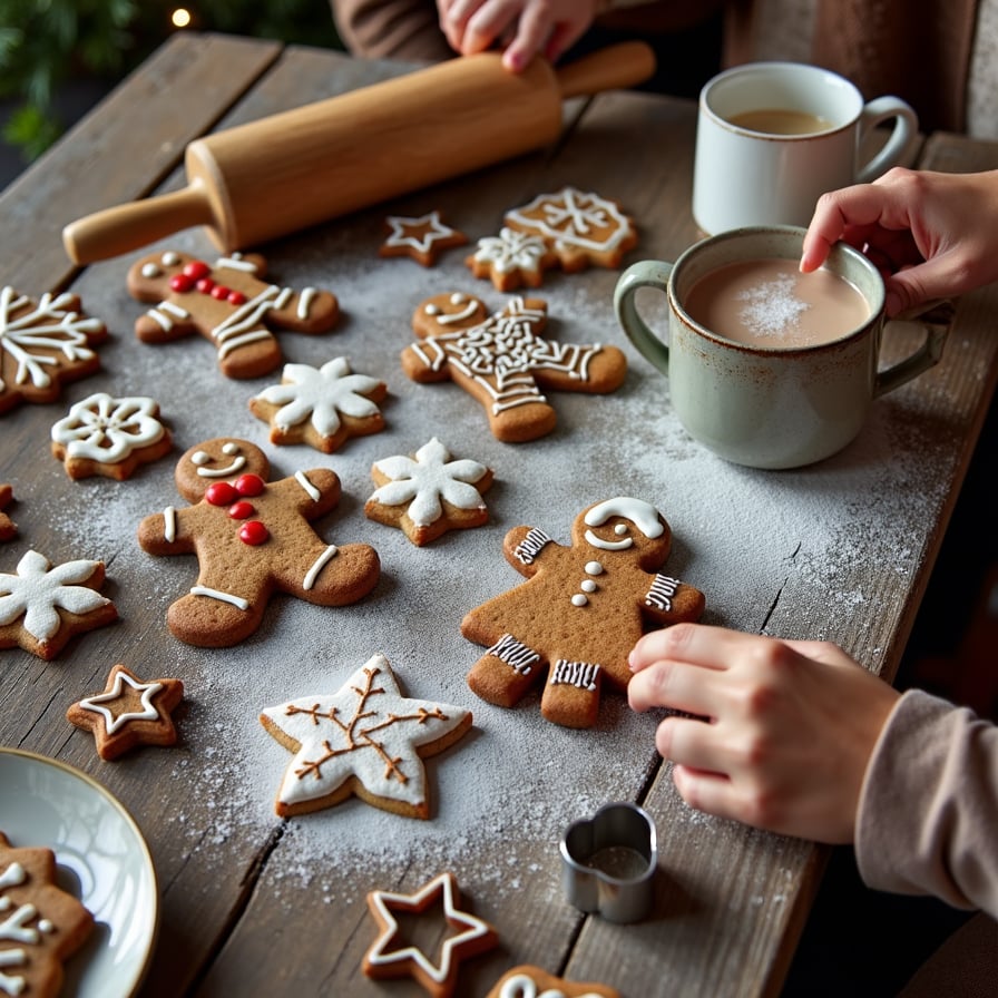 A rustic kitchen table filled with holiday treats, including frosted gingerbread cookies, sugar cookies with festive designs, and a steaming mug of hot cocoa. Include rolling pins, cookie cutters, and a family member sprinkling powdered sugar for added warmth and activity.
