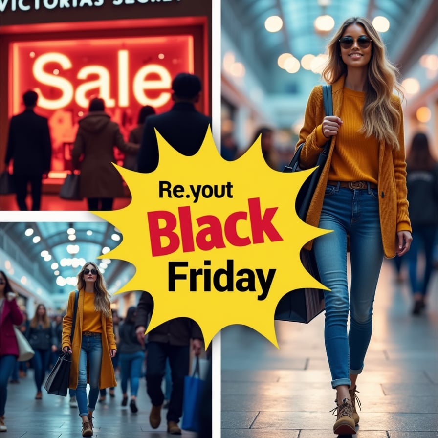 A collage of different shopping-themed images with a bold, eye-catching sale graphic overlay, including a blurred Victoria's Secret store background and a 'Sale' sign