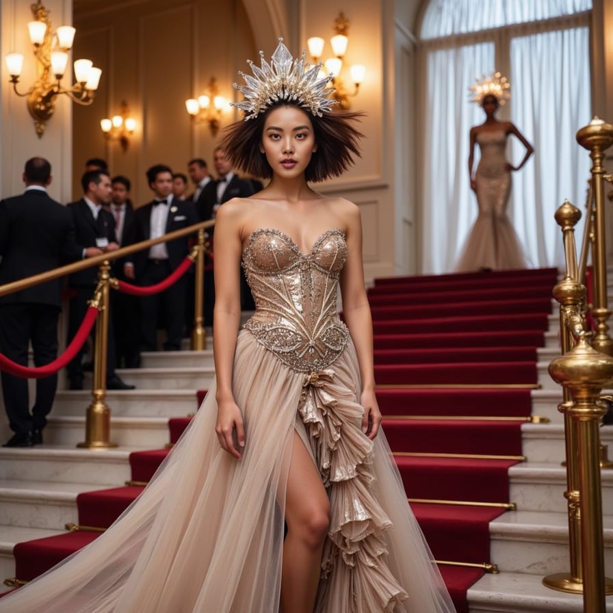 A Met Gala ensemble featuring a glass corset, liquid-metal skirt, and a glowing crystal crown — sci-fi royalty meets haute couture