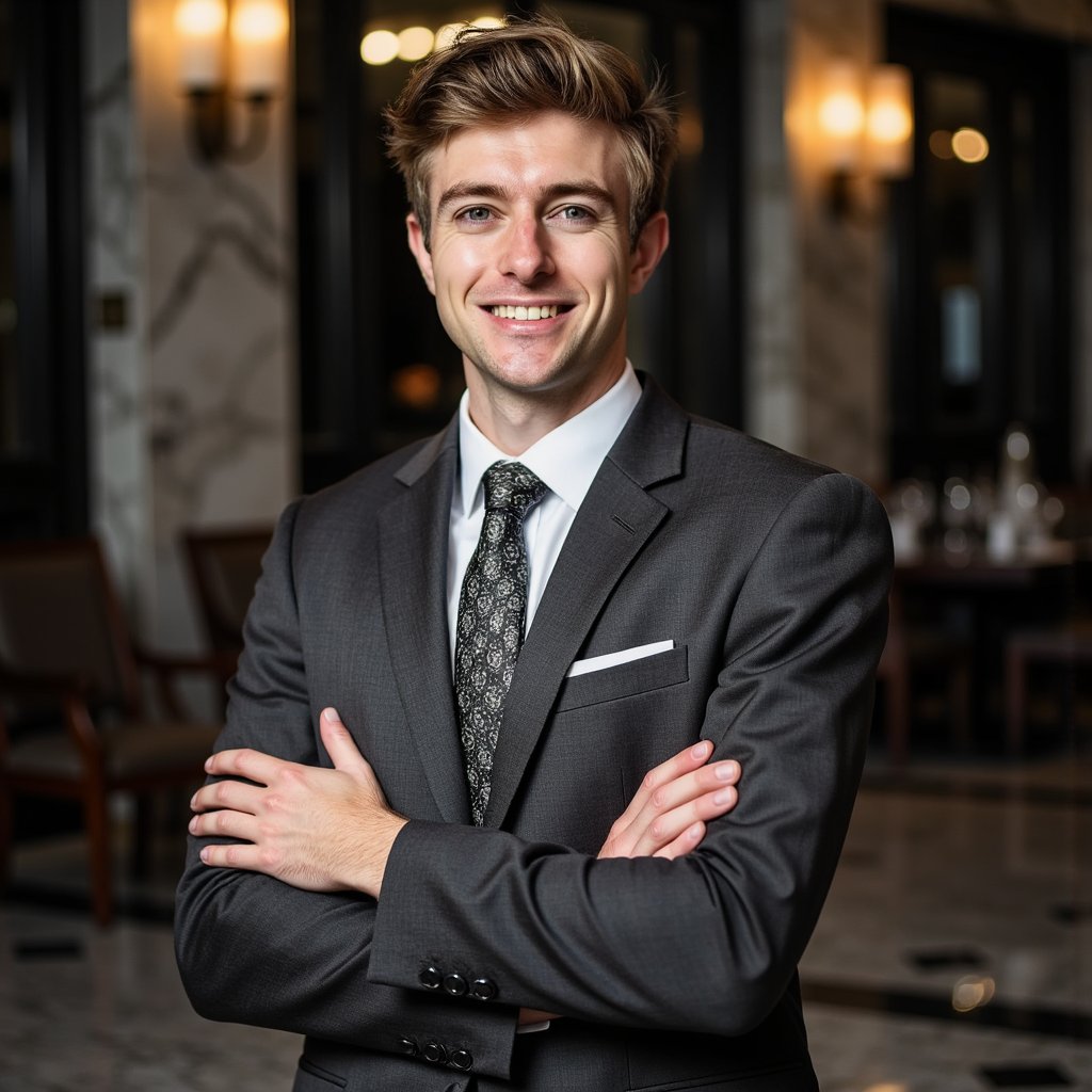 Highly detailed, highly realistic HDR portrait of a man banker in a tailored charcoal three-piece suit with satin lapel, silk tie, polished leather shoes; neatly combed hair with side part. Camera: 135mm lens, f/2.8, ISO 400, shoulder-up compression shot for dramatic bokeh. Lighting: warm tungsten practicals as back glow, soft key from camera left; shadow contours cheek and nose. Pose: arms crossed in front of chest, confident but approachable smile. Background: blurred grand marble interior with tall pillars and soft lamps, minimal clutter