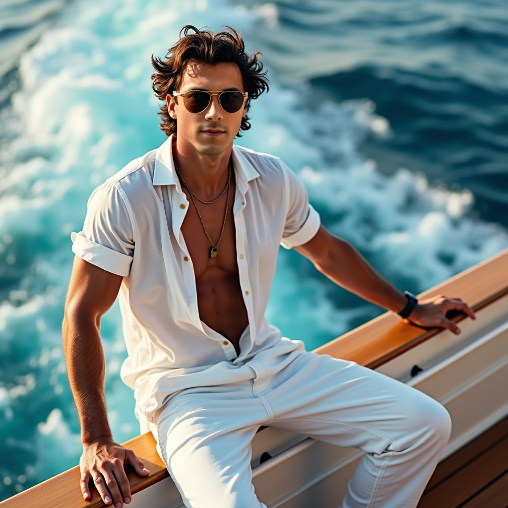 Linen-clad man on cruise, champagne, sunset, relaxed vibes.
