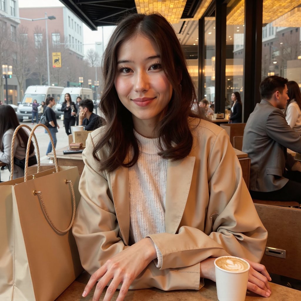 A woman (female) seated at a café table, two elegant shopping bags beside her with gold rope handles. Hairstyle: mid-length loose waves, soft gloss; makeup: natural warm tones, luminous finish. Attire: camel trench coat partially open over a white ribbed knit sweater; dainty gold chain necklace. Pose: forearms on table, leaning slightly forward, gentle smile toward camera, relaxed composure. Camera: 50mm lens, f/1.8, waist-up framing with slight overhead tilt. Lighting: window daylight key from left, warm café fill, subtle reflections on tabletop. Background: blurred bokeh of interior lights and patrons, muted warm tones, minimal clutter. Detail: visible fabric grain, latte foam texture, gold handle reflections. Highly detailed, highly realistic, HDR, high resolution.