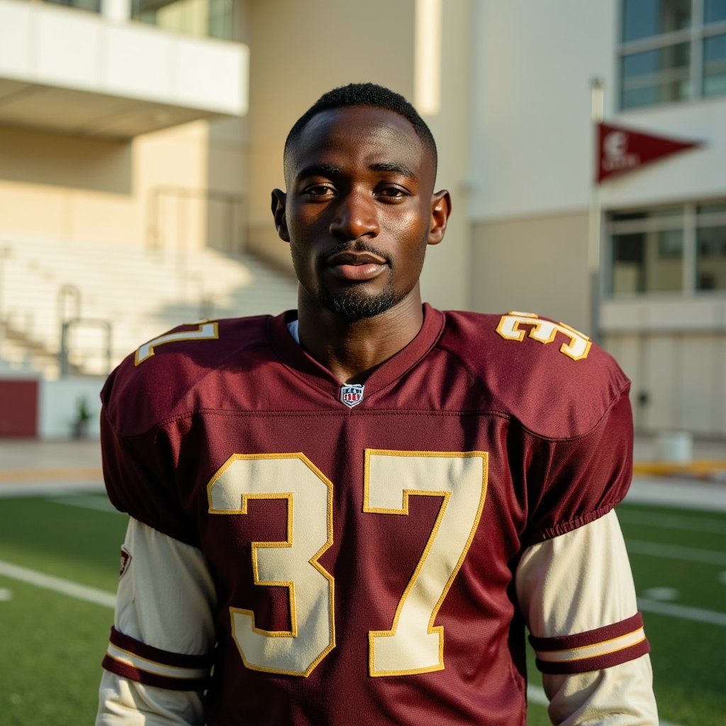 Hyper-realistic 1960s high school football captain standing on the 50-yard line, framed waist-up with a 55mm lens for balanced perspective. He wears a heavy wool-blend football jersey in deep maroon, slightly faded from repeated washing, with large cream-colored felt numbers stitched onto the chest — stitching threads visible at close range, edges slightly frayed. Underneath, thick cotton shoulder pads give the upper body a structured, squared-off silhouette. His dark hair is neatly parted to the side and combed back with pomade, individual strands catching sunlight in a subtle sheen. The face shows realistic athletic details — lightly tanned skin, a faint bead of sweat on the temple, light freckles across the nose, faint shadow of stubble along the jawline, and creases at the corners of the eyes from squinting in the sun. Expression is confident but approachable, lips pressed into a faint half-smile, gaze directed just above the lens. Afternoon sunlight from the right casts a warm glow along his cheekbones and nose bridge, with a soft fill from the grass reflecting below. Behind him, the blurred background reveals muted bleachers, a distant goalpost, and soft green turf, all rendered in creamy bokeh to isolate the subject while keeping the nostalgic school setting intact.