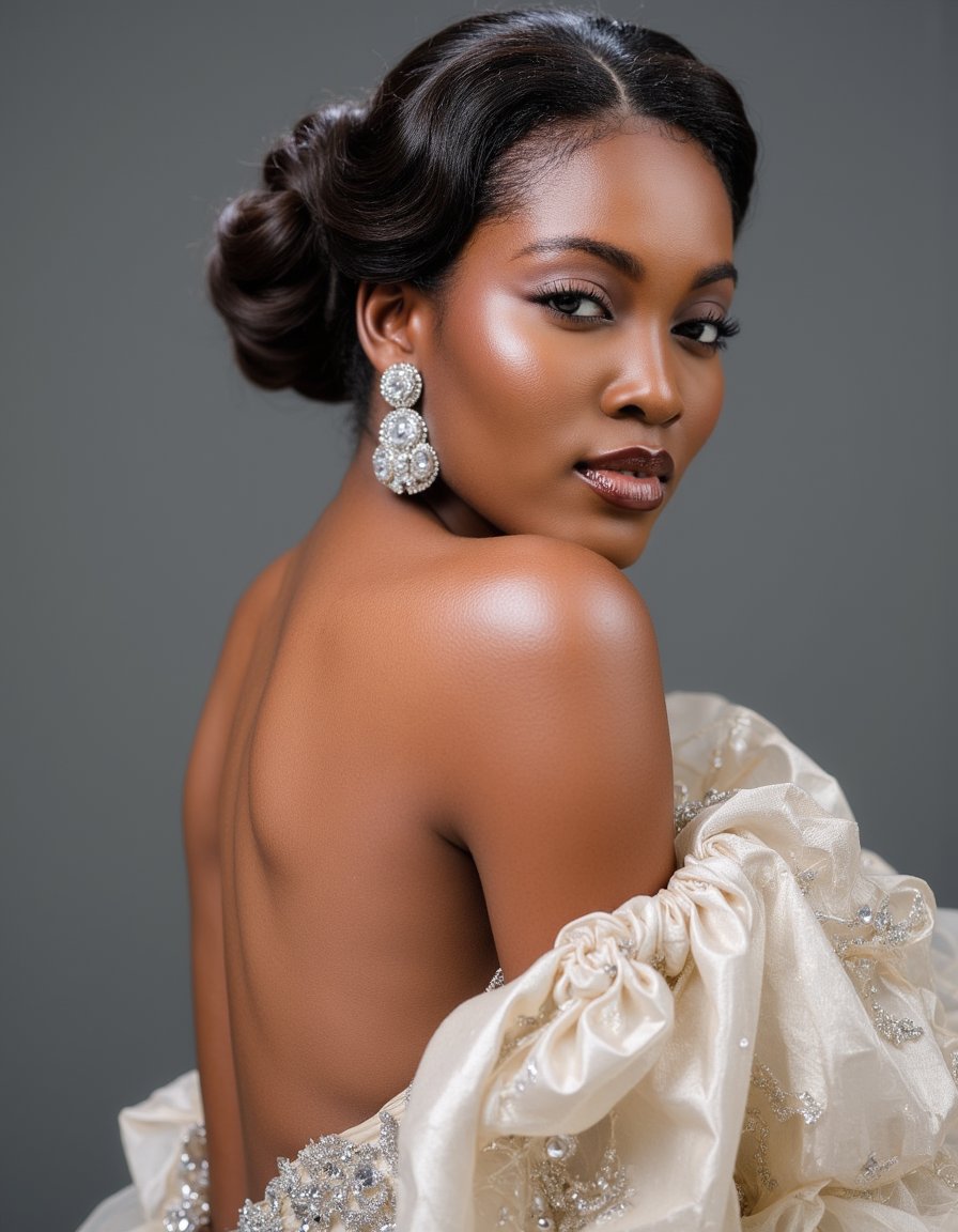 Stunning woman, multi-colored gown, plain wall, professional shot.