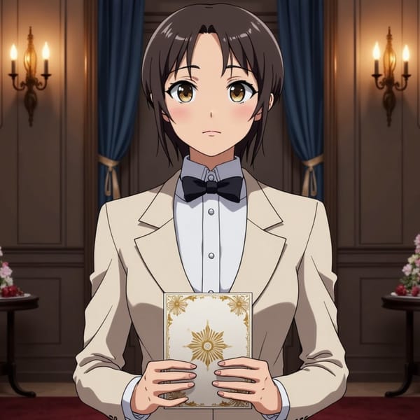 man in a formal tuxedo, holding an elegant invitation card with a luxurious embossed design, set against a sophisticated, dimly lit background with ornate decorations and candelabras.