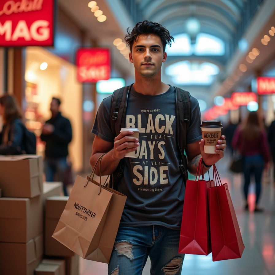 man in a stylish graphic t-shirt and distressed denim jeans, holding shopping bags from luxury brands, coffee cup from a trendy cafe, surrounded by piles of shopping bags from popular brands, in a busy shopping mall on Black Friday, under neon lights, against a backdrop of giant sale signs.