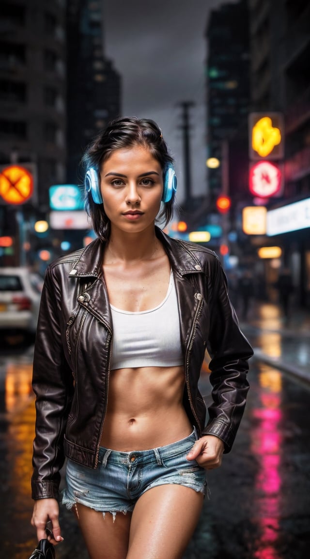 Cyber-enhanced woman, cyberpunk cityscape, neon lights, intense, cinematic.