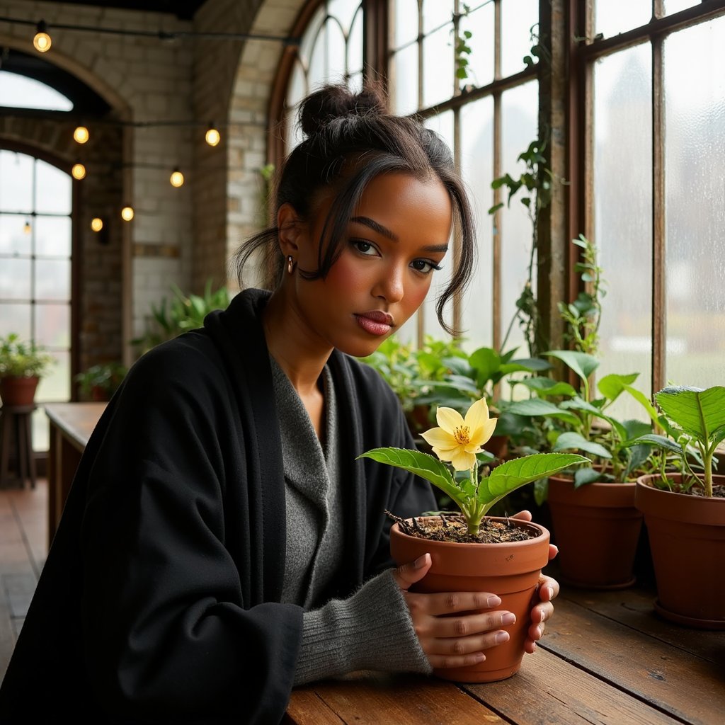 Highly realistic HDR close-up of a 16-year-old female Hogwarts student with warm tan skin, slightly flushed cheeks, and bright green eyes fixed intently on a magical flowering plant. Hair in a messy bun with loose curls framing temples, a few strands clinging from humidity. Wearing a dark robe with rolled sleeves, revealing rib-knit gray wool arm warmers (visible texture pattern). Pose: bent forward slightly at the waist, both hands gently cupping the terracotta pot containing the plant, elbows resting lightly on a wood table. Camera: Canon 5D Mark IV, 85mm f/2 lens, aperture f/2, camera at plant height for eye-to-eye subject focus. Lighting: warm diffused sunlight (4200K) streaming through greenhouse glass panes, soft fill from light bouncing off whitewashed walls, faint highlights catching moisture droplets on leaves. Background: blurred rows of potted plants and glass panes streaked with condensation, no sharp edges to distract.