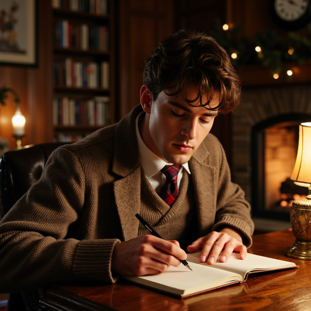 Man at a vintage mahogany desk writing in a leather-bound notebook, soft lamplig