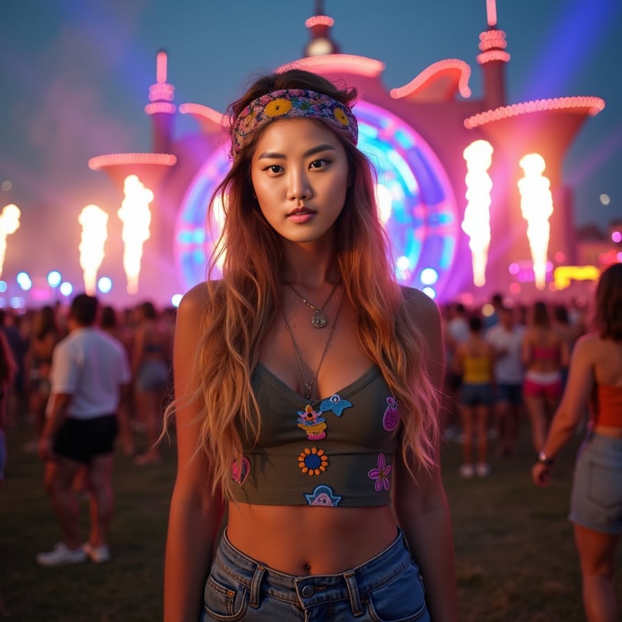 A young woman facing the camera at an outdoor music festival, dressed in bold, creative festival attire with a colorful headband and glitter on her cheeks. Behind her is an elaborate, fantasy-themed stage filled with laser lights and holograms, while people around her dance under a sky lit with fireworks and smoke effects, capturing the magic of the moment
