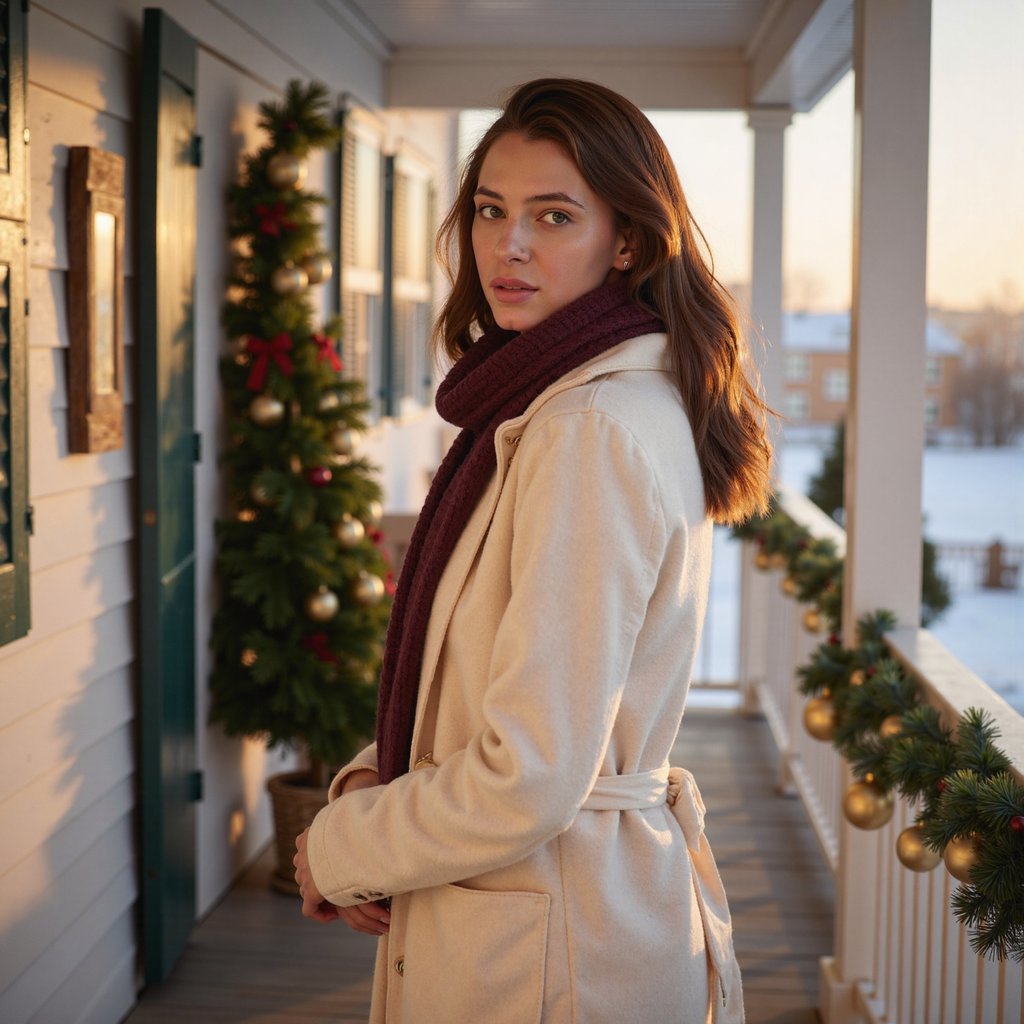Waist-up portrait of a woman standing on a decorated porch during golden-hour winter light, body angled 25° from the camera, turning gently back toward the lens. She wears a cream wool wrap coat with a soft tie belt and a burgundy knit scarf layered neatly.
Hair: loose waves with halo-like warm highlights from sun.
Makeup: peach-gold luminous tones, soft coral lip.
Lighting: natural golden hour sunlight wraps around her hair (strong rim light), with a soft reflector fill from the front.
Background: blurred porch railing wrapped in garland and a few gold ornaments — minimal clutter, clean framing.
Camera: 85mm f/2; highly realistic, highly detailed, HDR, with strong emphasis on sunlit hair texture and wool fibers.