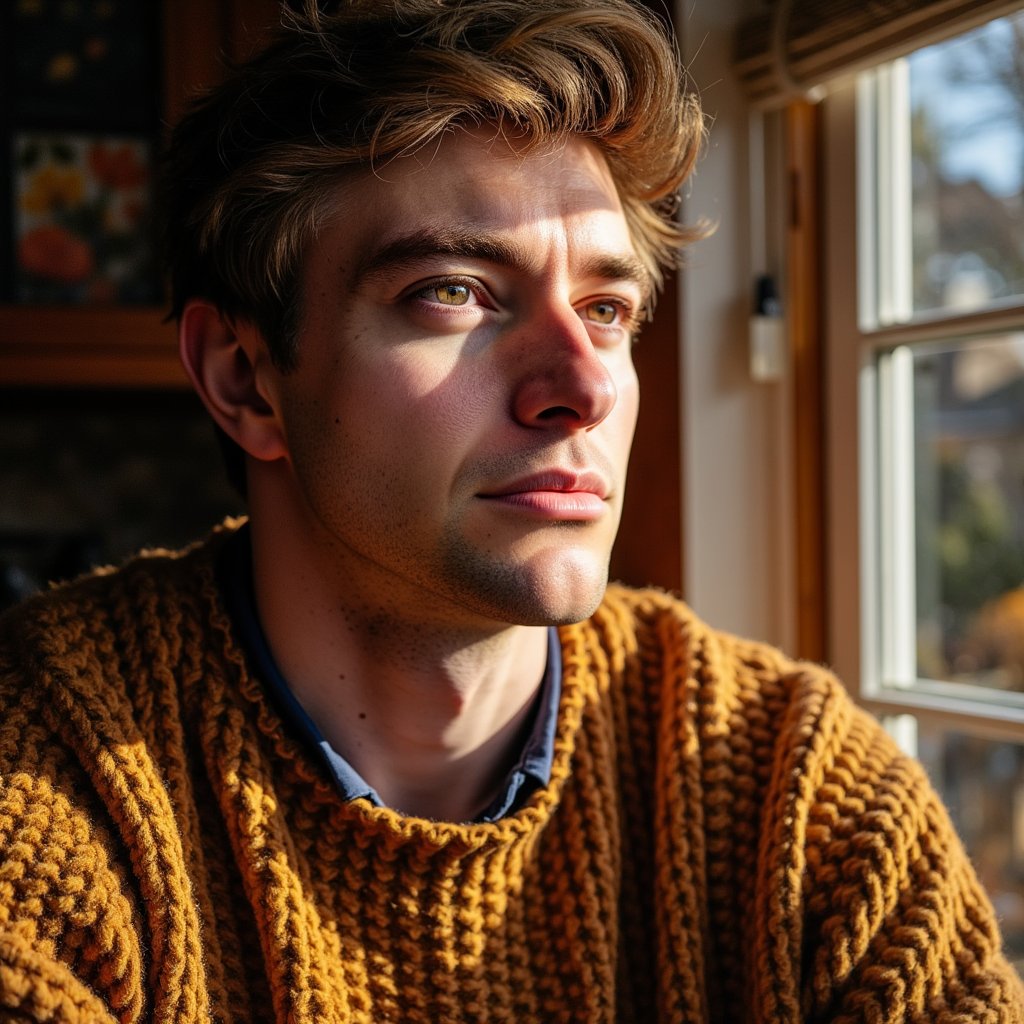 Highly detailed, highly realistic, hyperrealistic HDR close-up portrait of a man (male, 38 yrs) in moody, low-key lighting. Camera at eye level, tight crop on face and shoulders. Warm amber light from the right illuminates half his face, while the left fades into soft shadow. He wears a caramel-brown wool pullover, its dense weave sharply defined. His eyes show catchlights, beard lightly groomed, skin texture detailed — visible pores and fine wrinkles. Background softly blurred into warm tones of brown and amber. The image conveys introspection, gratitude, and stillness in cinematic Thanksgiving mood. HDR, high resolution, high quality, highly detailed, photorealistic.