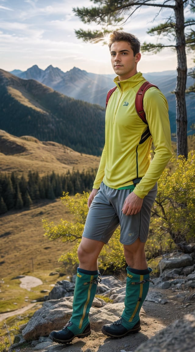 Adventurous man on mountain peak, breathtaking scenery, exploration spirit.