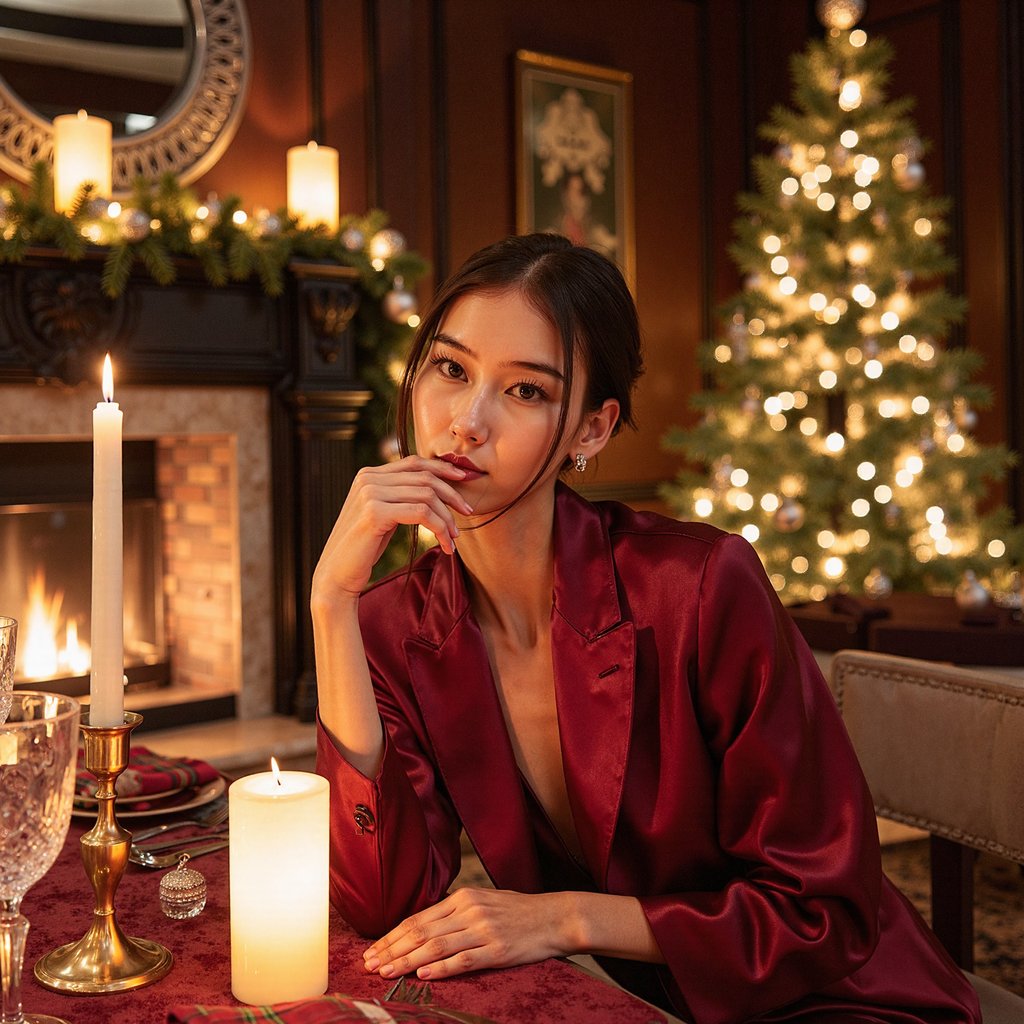 A close-up portrait of a woman seated at an elegantly set Christmas dinner table, chin resting lightly on her hand, eyes toward camera, half-smile. Hairstyle: neat bun with a few tendrils, small diamond stud earrings. Attire: crimson satin dress with off-shoulder neckline, subtle shimmer. Fabric details: satin reflection, delicate stitch definition, gleam from candlelight. Camera: close 85mm portrait, f/1.4 for dreamy shallow DOF. Lighting: candlelight key + dim ambient fill; warm and moody. Background: blurred crystal glassware, soft golden bokeh from tree lights; no visible clutter. Render: highly detailed, highly realistic, HDR; lifelike skin sheen from candle reflection, crisp catchlights.
