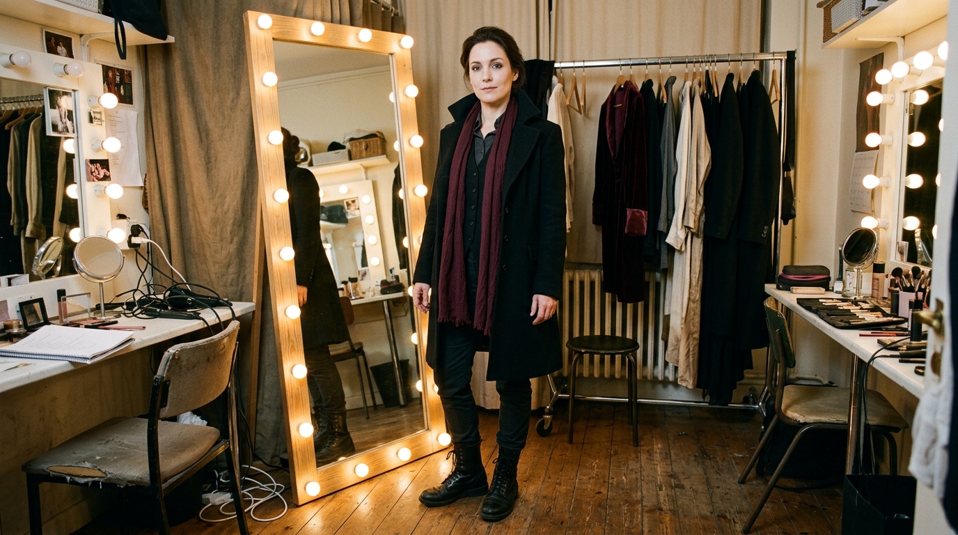 Modern vampire costume with a black coat and burgundy scarf