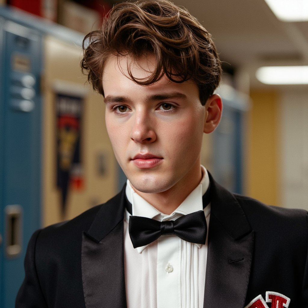 Extremely realistic 1960s male yearbook portrait in studio, shot at medium-close range (shoulders and face) with a shallow depth of field. Subject wears a classic black tuxedo with satin peak lapels and a hand-tied bow tie, crisp white dress shirt with a subtle vertical stripe pattern visible in high resolution. The tuxedo fabric reveals a matte wool finish with faint microfibers visible around the collar. His short, side-parted hair is combed back with a modest pomade shine, individual hair strands distinct near the forehead. Skin shows light peach fuzz and natural skin texture with visible pores on the nose and a slight crease beside the smile lines. Expression is soft, lips gently closed, gaze slightly off-camera with a calm intensity. Lighting is studio-based 3-point, with a key light casting smooth gradient shadows beneath the jawline and collar, and a rim light separating him from the muted blue muslin backdrop. Background is softly mottled and fades gently toward the edges for a vintage effect.