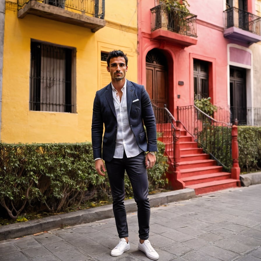 Trendy city dweller, sleek outfit, modern skyscrapers in the background.