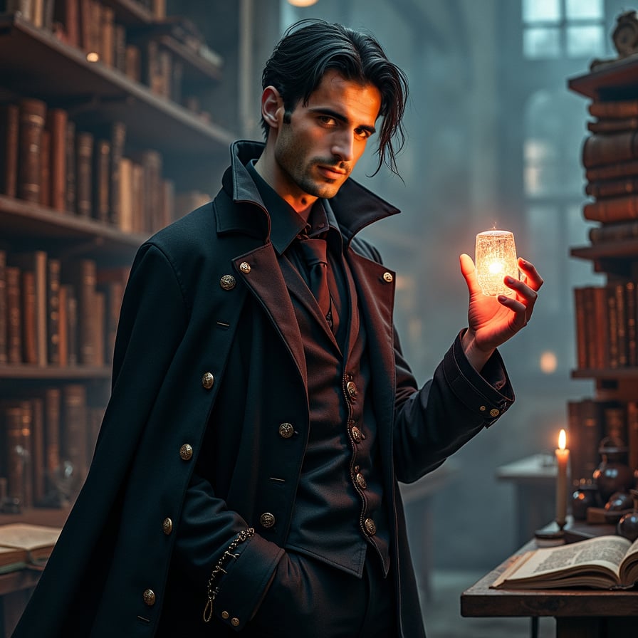 Depict a vampire man with an intense, mystical presence, surrounded by arcane books and magical symbols in an industrial-style loft. He has pale skin, dark hair, and wears a black coat with intricate details. He holds a glowing, ancient-looking artifact that casts a faint, supernatural light on his face. The scene has a mysterious and intellectual vibe, blending modern urban style with ancient, magical elements