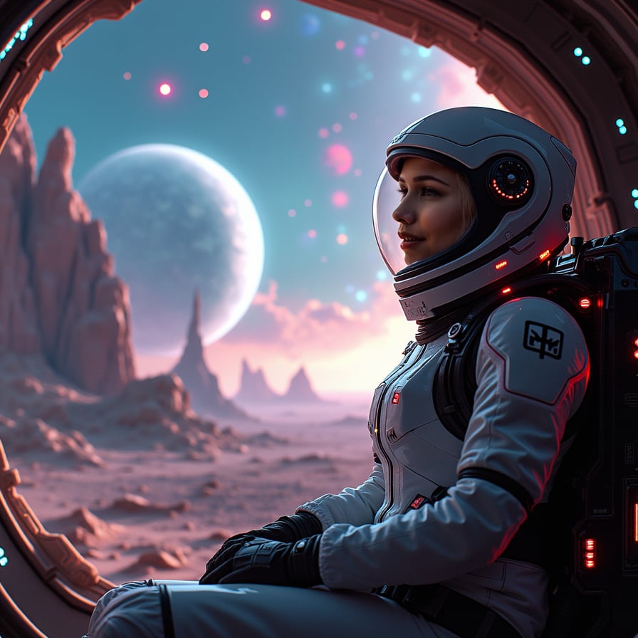 A futuristic scene with a woman standing on a rocky alien planet, gazing up at a sky filled with colorful nebulas and distant stars. She is wearing a sleek, high-tech space suit with glowing accents. Planets and asteroid belts are visible in the sky. The scene is filled with soft, otherworldly lighting and the vibrant hues of interstellar space