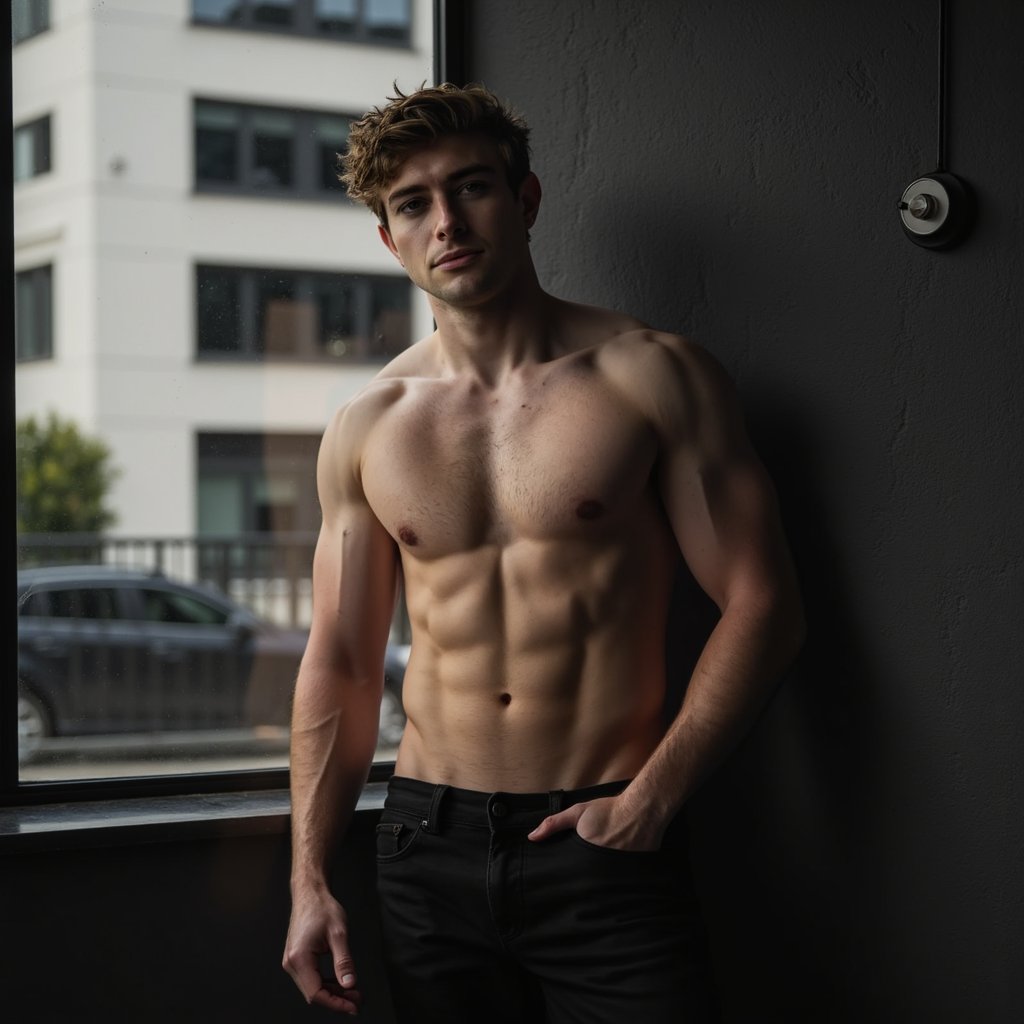 A highly detailed, highly realistic HDR waist-up portrait of a 30-year-old male creator standing shirtless against a dark backdrop, wearing only black tailored trousers that sit low on his waist, his toned upper body highlighted by a dramatic spotlight. Captured with an 85mm f/1.8 lens, his head is turned slightly toward camera with a smoldering half-smile, wet hair pushed back as if fresh from a shower. The spotlight sculpts strong shadows along his jawline, abs, and collarbones, while the background fades into deep black, creating an intimate, cinematic OnlyFans-style “Spotlight Intensity” shot.