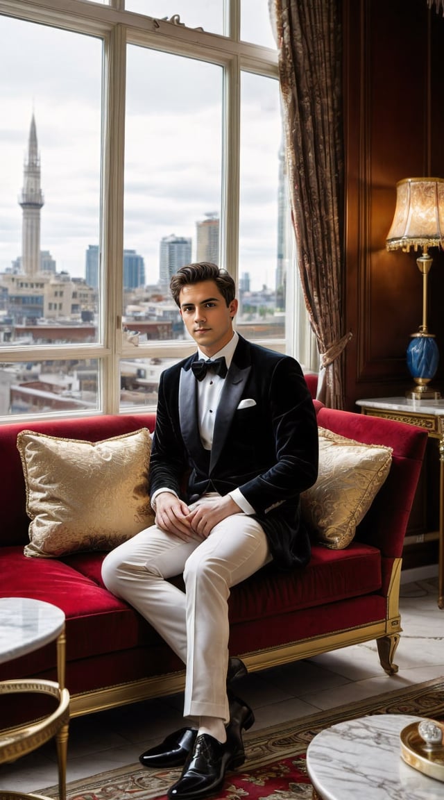 Luxurious man in tuxedo, opulent decor, velvet sofa.