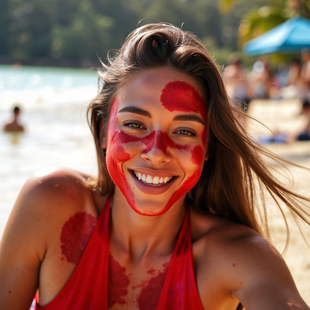 woman with a joyful, free-spirited expression, her face and clothing covered in bursts of tomato red. Her presence feels expressive and radiant, with sunlight adding warmth and clarity to every detail. The background is softly blurred, with hints of festive color in the air. Lighting is clean and natural, capturing glistening wet textures and rich saturation. Hyper-detailed, sharp focus, bold colors, lively emotion.