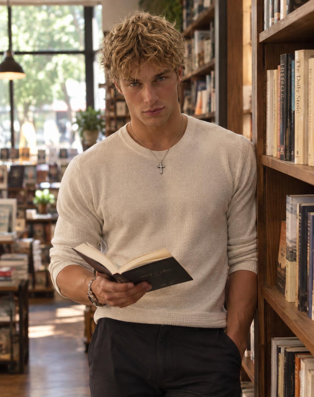 Turn my uploaded reference photo into a realistic, sophisticated dating-app photograph while preserving my exact identity.
Keep my exact facial structure, eyes, nose, lips, jawline, hairstyle, skin tone, body proportions and recognizable appearance.
Place me inside a cozy independent bookstore with tall bookshelves and warm natural window light.
I am standing casually beside a bookshelf, holding an open book in one hand while the other hand rests naturally in my pocket, looking toward the camera with a relaxed half-smile.
Make the pose feel spontaneous, as if someone accompanying me took the photograph naturally.
Dress me in a simple textured knit or fitted casual shirt with dark trousers and minimal accessories.
Use warm ambient lighting mixed with soft daylight from the windows.
Background bookshelves should be realistic and slightly out of focus.
Preserve natural skin texture, subtle facial imperfections, realistic hair strands, authentic clothing wrinkles, realistic hands and believable lighting.
The photograph should communicate calm, confident, approachable energy without looking staged.
High-end lifestyle photography, realistic DSLR look, natural colors, subtle film grain, shallow depth of field.
No studio lighting, no excessive retouching, no artificial intellectual pose, no fake smile, no AI-looking skin.