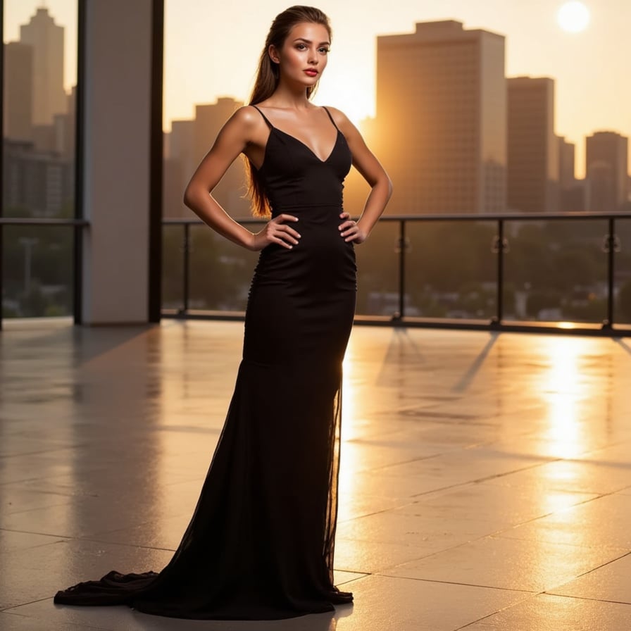 Woman in evening gown, dramatic lighting, sunset cityscape backdrop.