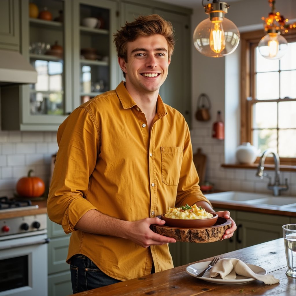 Highly realistic, highly detailed HDR image of a young man (male, ~32 yrs) standing at a home kitchen island, waist-up, camera at slight side angle (~30°) from his left. He is wearing a mustard-yellow button-down flannel shirt with rolled-up sleeves and dark jeans (just barely visible), sleeves pushed up to forearms; his hair is dark brown, short on sides, slightly tousled top. Kitchen lighting: warm overhead pendant lights plus ambient daylight from a window behind the camera; soft highlights on his face and shirt. He is holding a carved-wood serving tray filled with mashed-potatoes-and-gravy bowl, slightly tilting forward as though offering it to someone. Facial detail: bright smile, teeth visible, light stubble, natural skin texture, warm brown eyes. Background: shallow depth of field blurs kitchen cabinets, a decorative pumpkin and autumn garland on the countertop behind; minimal clutter — a single glass of water and a linen napkin. Shirt fabric texture visible: flannel weave, rolled sleeves show wear. The image conveys friendly host, inviting Thanksgiving warmth.